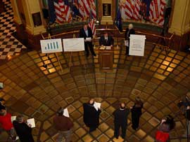Overhead view of a press conference at the Capitol Building